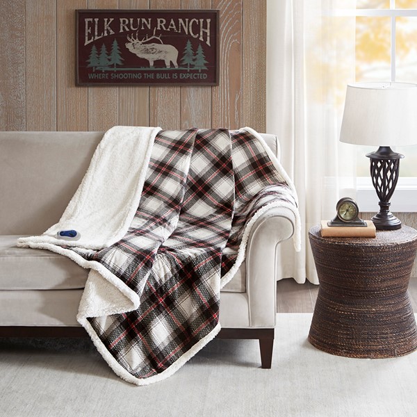 Woolrich Ridley Oversized Plaid Print Faux Mink to Berber Heated Throw in Black, 60x70" WR54-2388