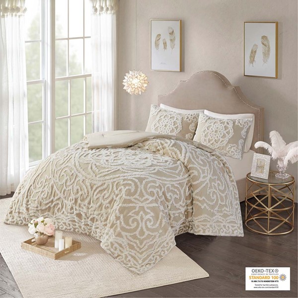 Madison Park Laetitia Tufted Cotton Chenille Medallion Comforter Set in Taupe, Full/Queen MP10-7114