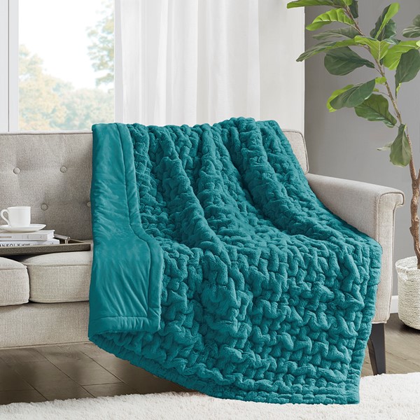 Madison Park Ruched Fur Throw in Teal, 50x60" MP50-3093