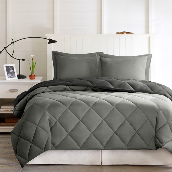 Madison Park Essentials Larkspur 3M Scotchgard Reversible Down Alt Comforter Set in Black/Grey, Twin/Twin XL BASI10-0201