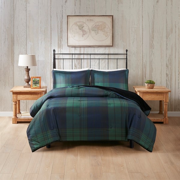 Woolrich Bernston Faux Wool to Faux Fur Down Alternative Comforter Set in Green Plaid, Full/Queen WR9201030822-08