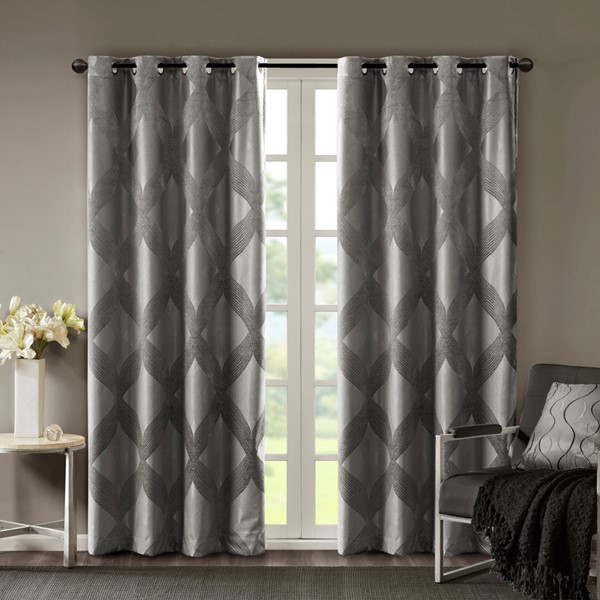 SunSmart Bentley Ogee Knitted Jacquard Total Blackout Curtain Panel in Charcoal, 50x95" SS40-0063