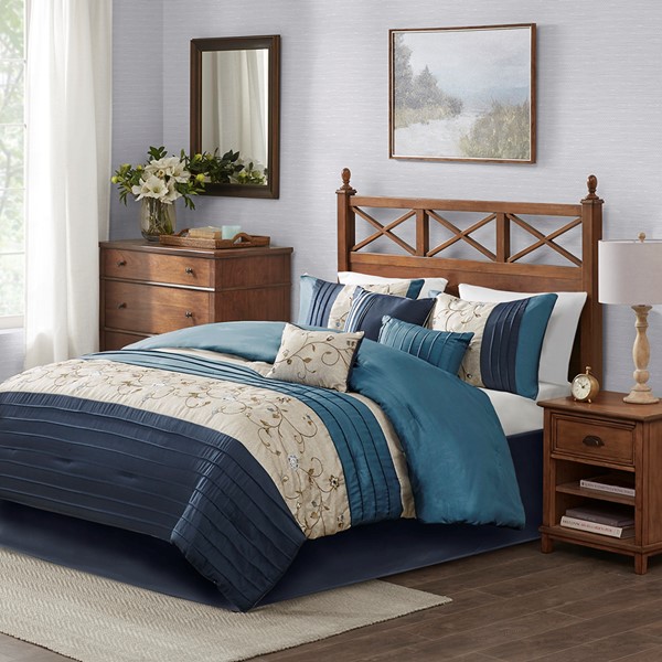 Madison Park Serene Embroidered 7 Piece Comforter Set in Navy, King MP10-3450