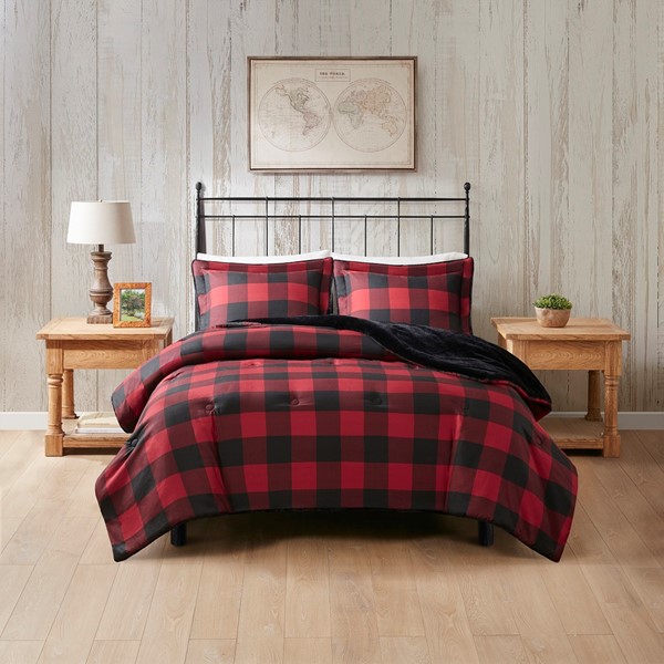 Woolrich Bernston Faux Wool to Faux Fur Down Alternative Comforter Set in Red Buffalo Check, King/Cal King WR9201030822-03