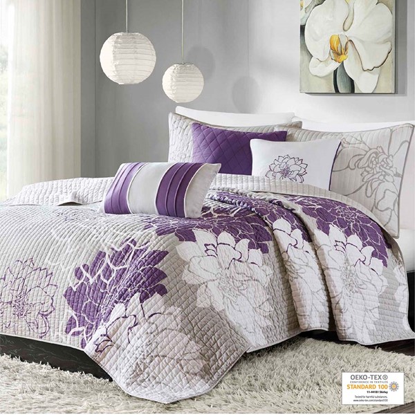 Madison Park Lola 6 Piece Printed Cotton Quilt Set with Throw Pillows in Taupe Grey/Purple, King/Cal King MP13-2313