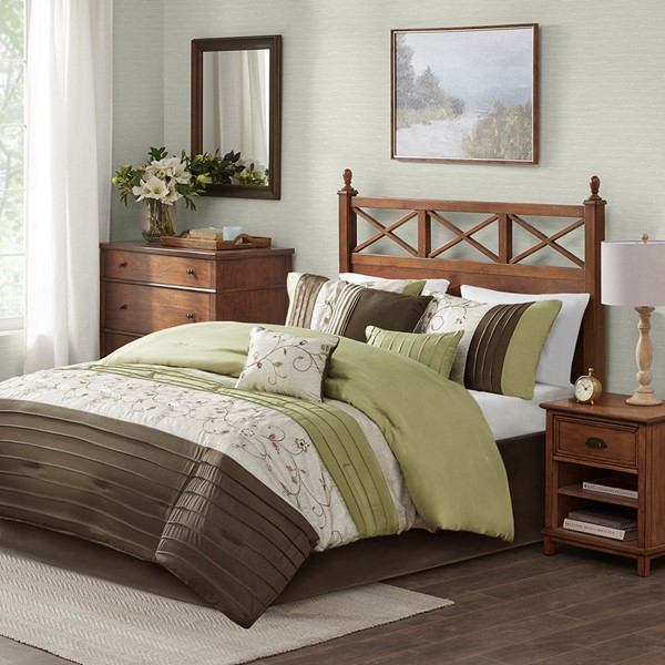 Madison Park Serene Embroidered 7 Piece Comforter Set in Green, King MP10-637