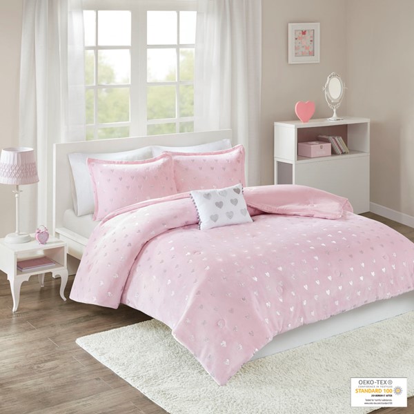 Mi Zone Rosalie Metallic Printed Plush Comforter Set with Throw Pillow in Pink/Silver, Full/Queen MZ10-0572