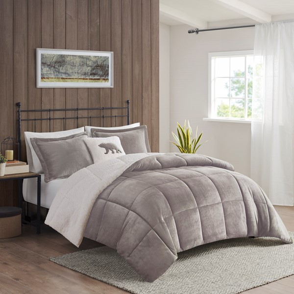 Woolrich Alton Plush to Sherpa Down Alternative Comforter Set in Grey/Ivory, Full/Queen WR10-2062