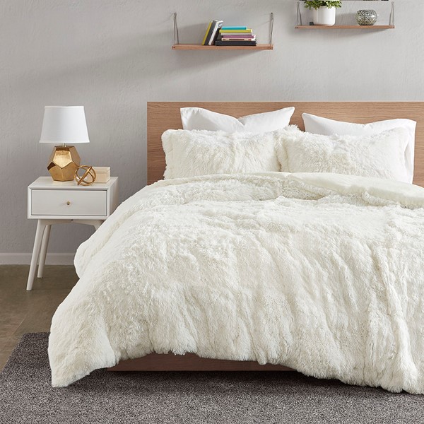 Intelligent Design Malea Shaggy Fur Duvet Cover Set in Ivory, Twin ID12-1923