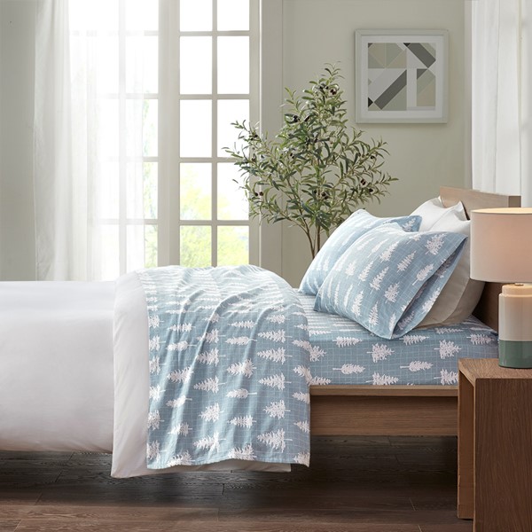 True North by Sleep Philosophy Cozy Cotton Flannel Printed Sheet Set in Blue Forest, Full TN20-0385