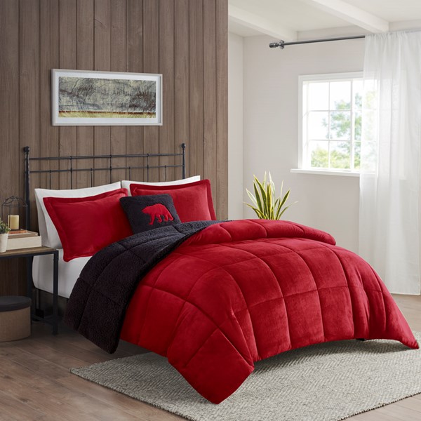 Woolrich Alton Plush to Sherpa Down Alternative Comforter Set in Red/Black, Full/Queen WR10-2065