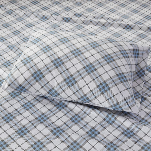 True North by Sleep Philosophy Cozy Cotton Flannel Printed Sheet Set in Blue Plaid, Twin XL TN20-0212