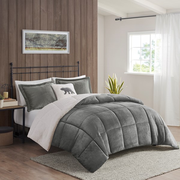 Woolrich Alton Plush to Sherpa Down Alternative Comforter Set in Charcoal/Ivory, Full/Queen WR10-2887