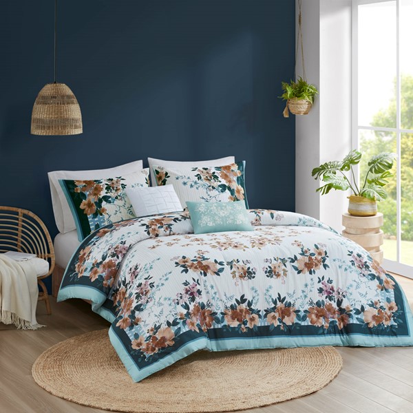 Madison Park Jules 5 Piece Cotton Floral Comforter Set with Throw Pillows in Teal, King/Cal King MP10-8208