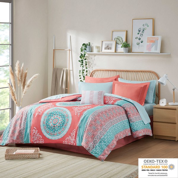 Intelligent Design Loretta Boho Comforter Set with Bed Sheets in Coral, Twin ID10-1216