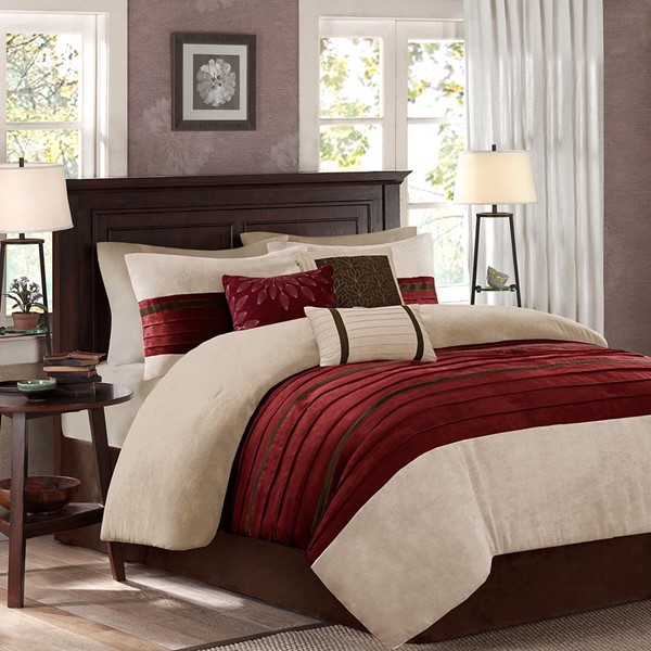 Madison Park Palmer 7 Piece Pieced Faux Suede Comforter Set in Red, Queen MP10-2266