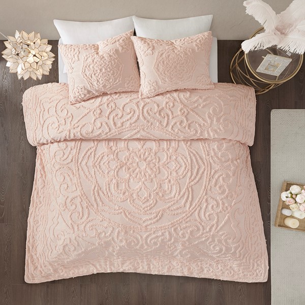 Madison Park Laetitia Tufted Cotton Chenille Medallion Comforter Set in Blush, Full/Queen MP10-5877