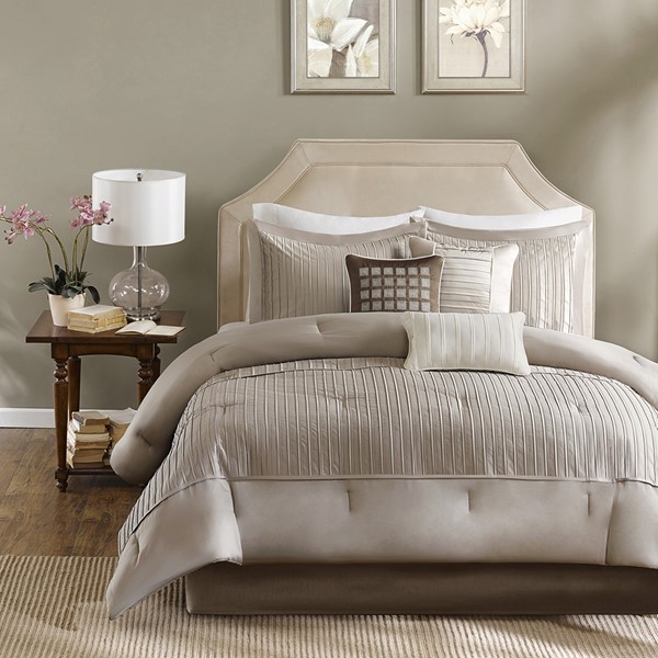 Madison Park Trinity 7 Piece Polyester Charmeuse Comforter Set in Taupe, Queen MP10-931