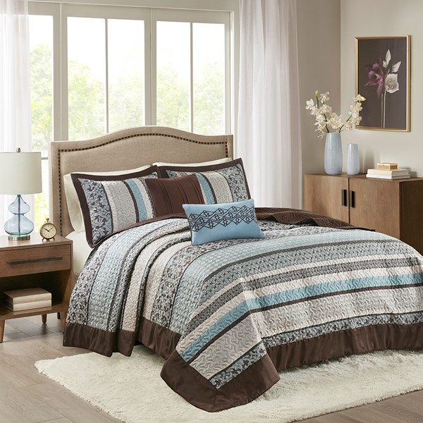 Madison Park Princeton 5 Piece Reversible Jacquard Bedspread Set in Blue, King MP13-7967