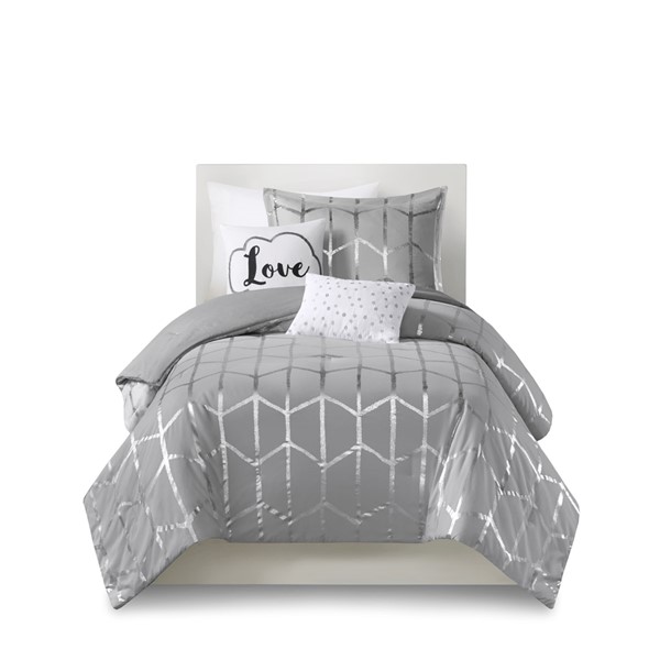 Intelligent Design Raina Metallic Printed Comforter Set in Grey/Silver, Twin/Twin XL ID10-1243