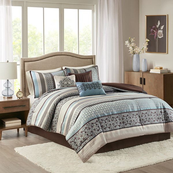 Madison Park Princeton 7 Piece Jacquard Comforter Set in Blue, Queen MP10-694