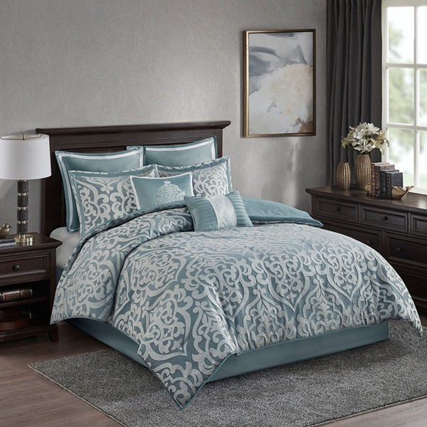 Madison Park Odette 8 Piece Jacquard Comforter Set in Aqua/Silver, Queen MP10-8079