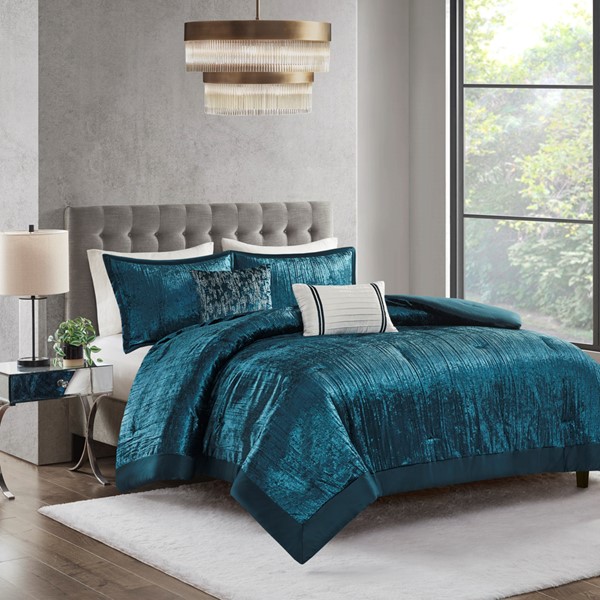 Madison Park Lee 5 Piece Crinkle Velvet Comforter Set in Teal, King/Cal King MP10-8350