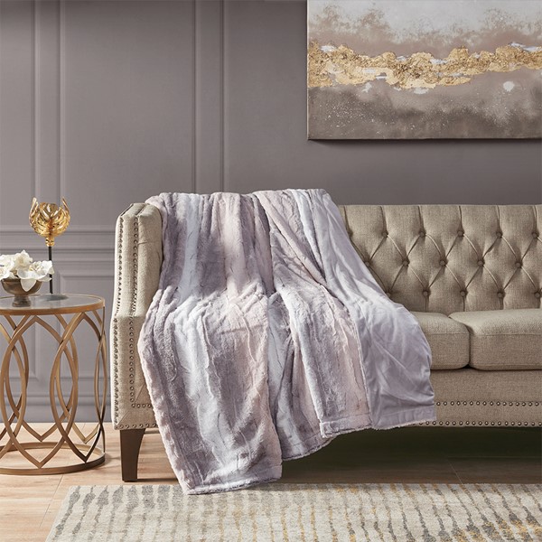 Madison Park Zuri Oversized Faux Fur Throw in Blush/Grey, 60x70" MP50-6235