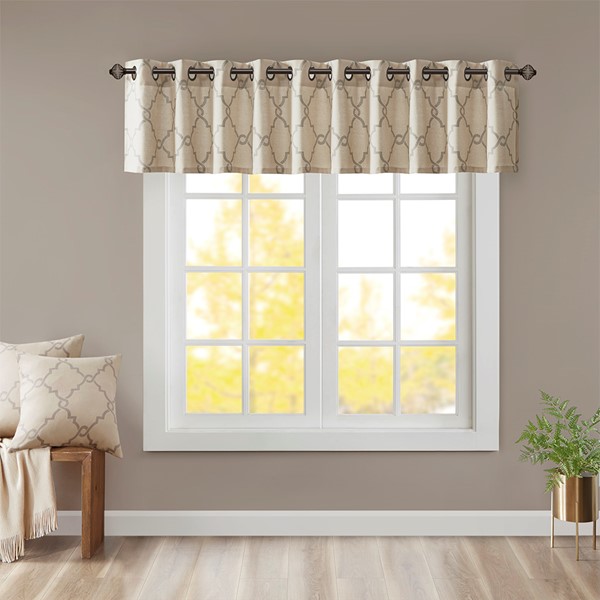 Madison Park Saratoga Fretwork Print Grommet Top Window Valance in Beige/Grey, 50x18" MP41-2021