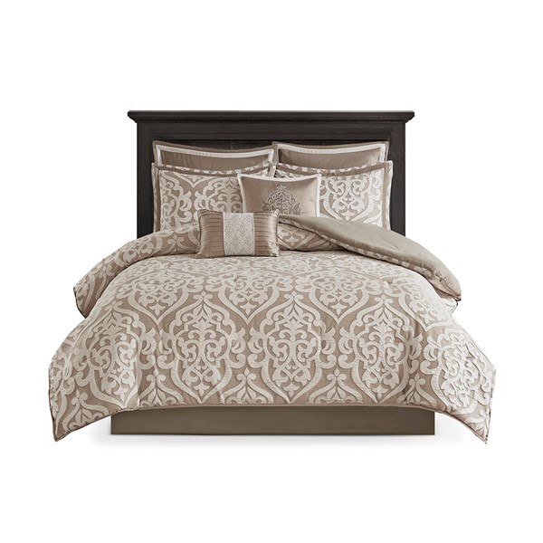 Madison Park Odette 8 Piece Jacquard Comforter Set in Tan/Ivory, Cal King MP10-6289