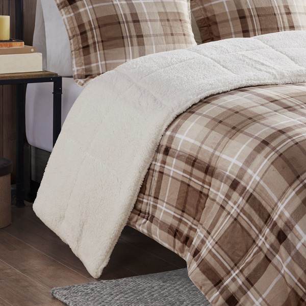 Woolrich Alton Plush to Sherpa Down Alternative Comforter Set in Tan Plaid, King WR10-3328