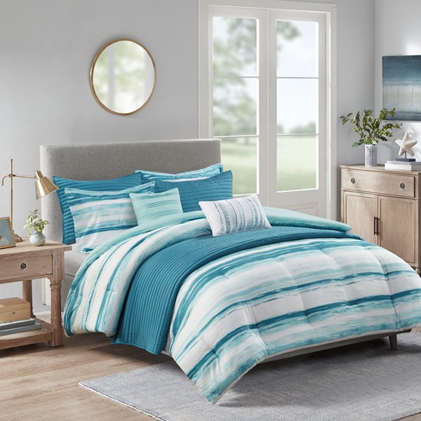 Madison Park Marina 8 Piece Printed Seersucker Comforter and Quilt Set Collection in Aqua, Full/Queen MP10-7946