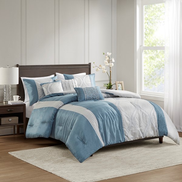 Madison Park Lori 6 Piece Jacquard Comforter Set with Throw Pillows in Teal/Silver, Full/Queen MP10-8435