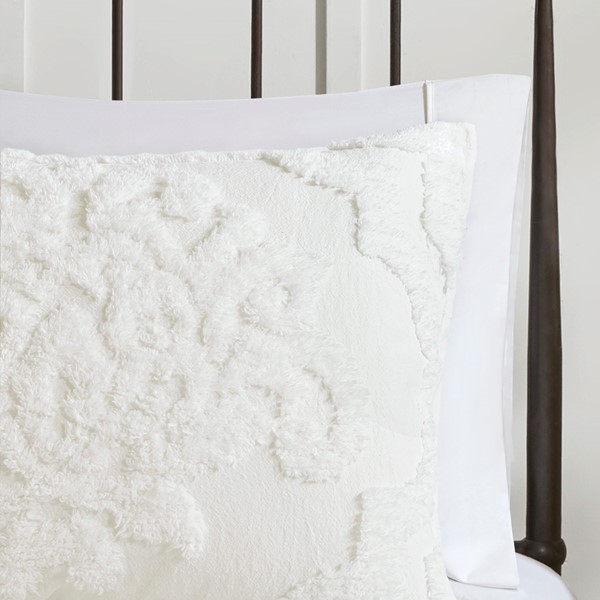 Madison Park Viola 3 Piece Tufted Cotton Chenille Damask Comforter Set in Off-White, Full/Queen MP10-6015