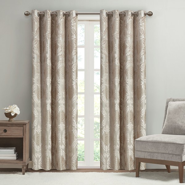 SunSmart Amelia Knitted Jacquard Paisley Total Blackout Grommet Top Curtain Panel in Champagne, 50x95" SS40-0204