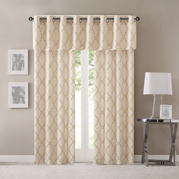 Madison Park Saratoga Fretwork Print Grommet Top Window Valance in Beige/Gold, 50x18" MP41-3601