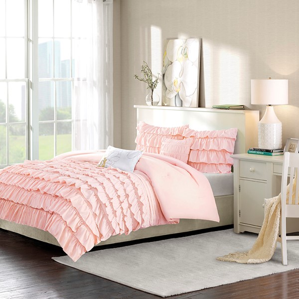 Intelligent Design Waterfall Ruffle Comforter Set in Blush, Full/Queen ID10-1381