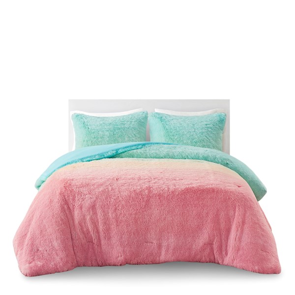 Mi Zone Primrose Ombre Shaggy Faux Fur Comforter Set in Aqua Multi, Full/Queen MZ10-0649