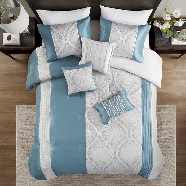 Madison Park Lori 6 Piece Jacquard Comforter Set with Throw Pillows in Teal/Silver, Full/Queen MP10-8435