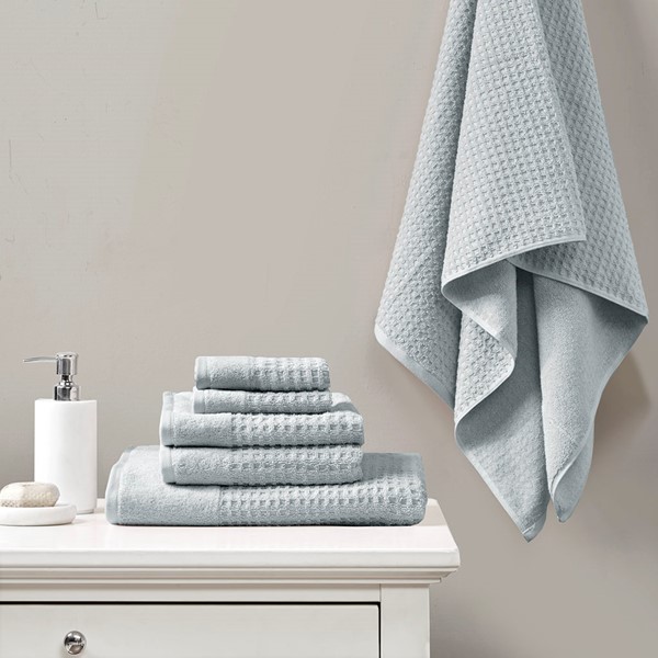 Madison Park Spa Waffle Cotton Jacquard Antimicrobial Bath Towel 6 Piece Set in Blue, 6-Piece MP73-5913