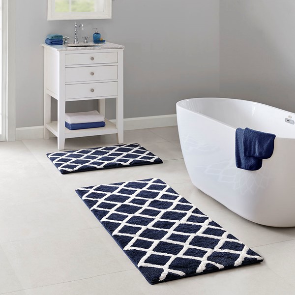 Madison Park Bittman Reversible High Pile Tufted Bath Rug in Navy, 24x60" MP72-5664