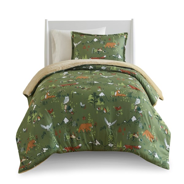 Mi Zone Kids Heath Forest Animals Plush Reversible Comforter Set in Green, Twin MZK10-265