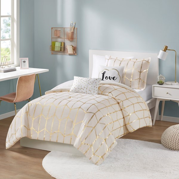 Intelligent Design Raina Metallic Printed Comforter Set in Ivory/Gold, Twin/Twin XL ID10-1507