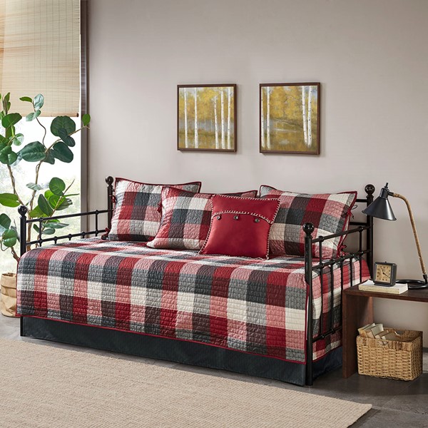 Madison Park Ridge 6 Piece Reversible Plaid Daybed Cover Set in Red, Daybed MP13-6465