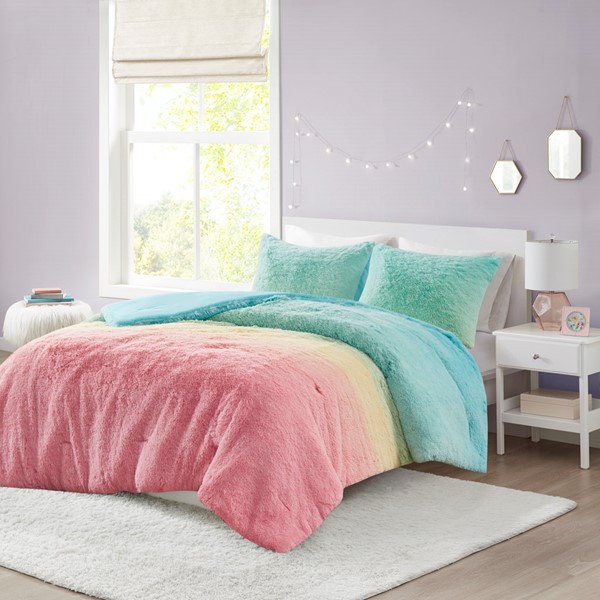 Mi Zone Primrose Ombre Shaggy Faux Fur Comforter Set in Aqua Multi, Full/Queen MZ10-0649