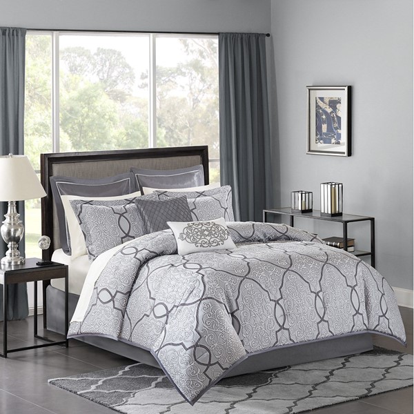 Madison Park Lavine 12 Piece Comforter Set with Cotton Bed Sheets in Silver, Cal King MP10-4046