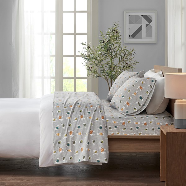 True North by Sleep Philosophy Cozy Cotton Flannel Printed Sheet Set in Grey Dogs, King TN20-0381