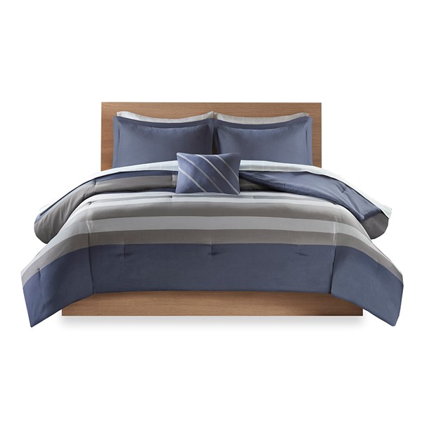 Intelligent Design Marsden Striped Comforter Set with Bed Sheets in Blue/Grey, Full ID10-1731