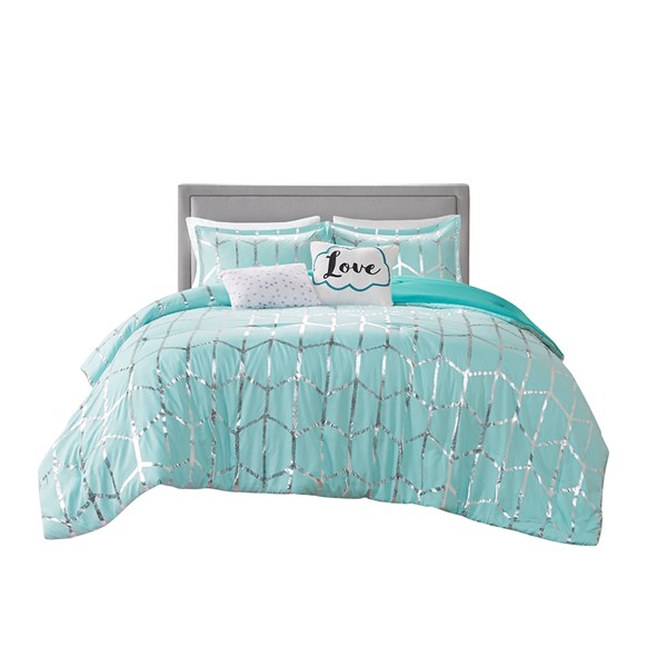 Intelligent Design Raina Metallic Printed Comforter Set in Aqua/Silver, Full/Queen ID10-1241