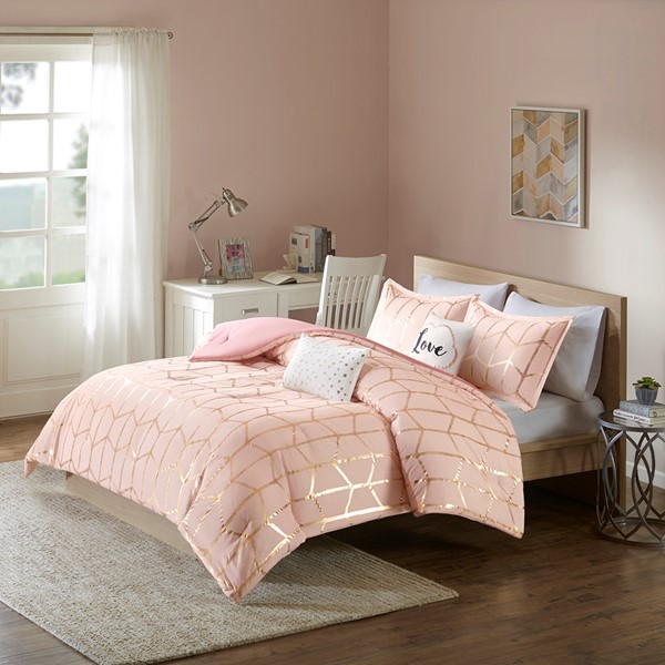 Intelligent Design Raina Metallic Printed Comforter Set in Blush/Gold, Full/Queen ID10-1247